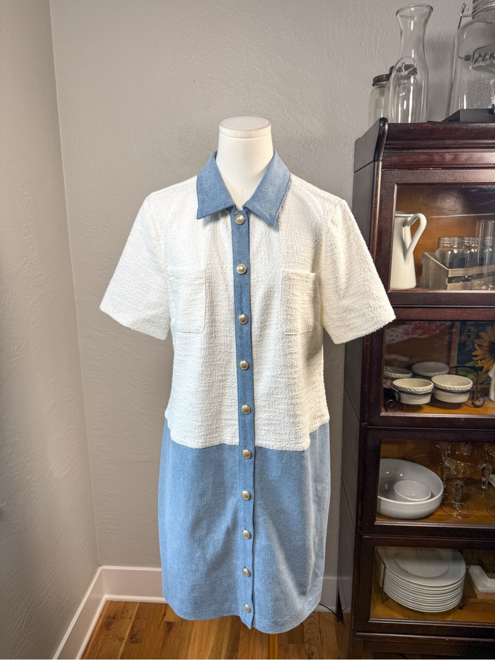 G by Giuliana Colorblock Denim Bouclé Shirt Dress Blue White Size L